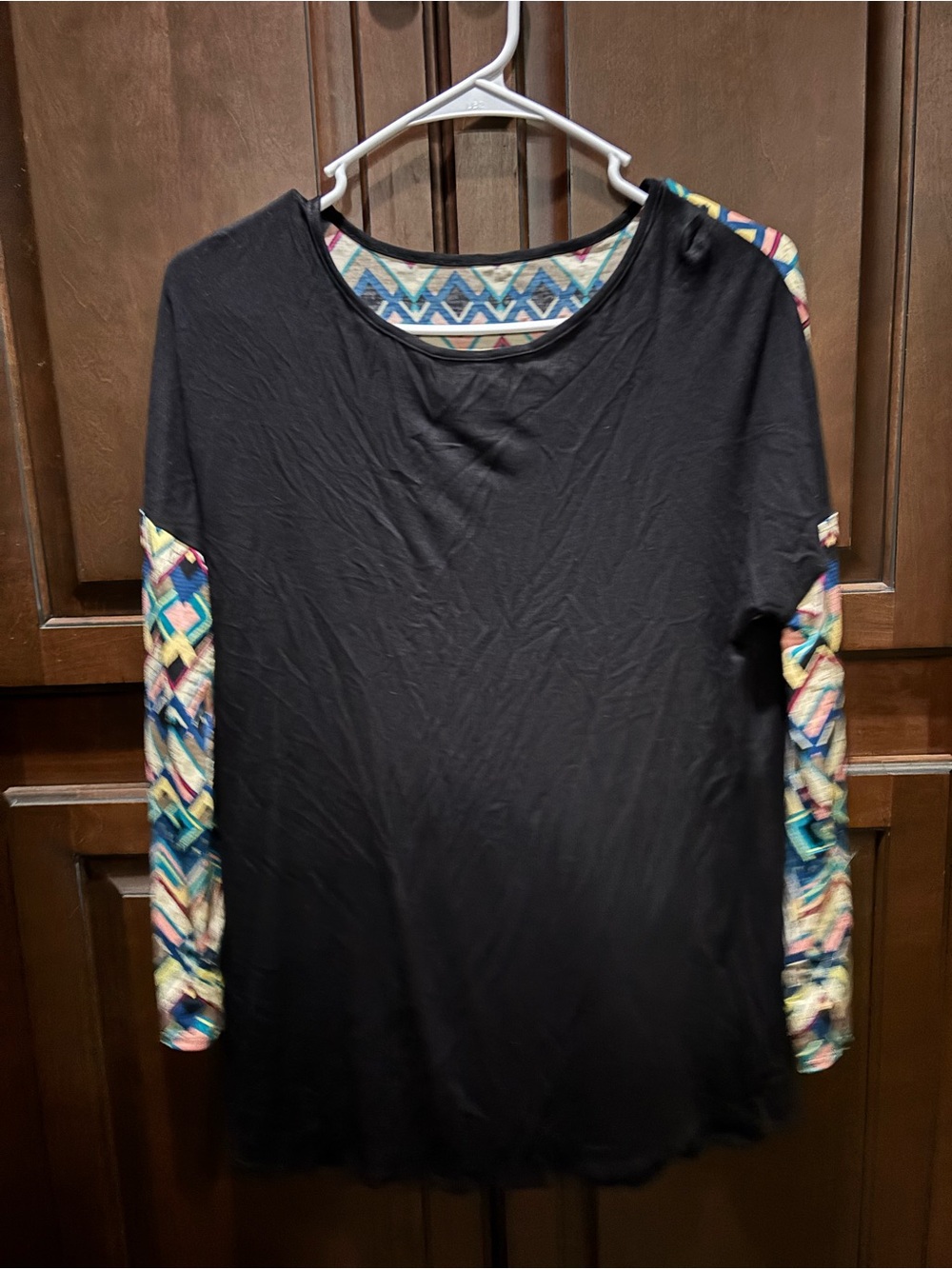 Black Long Sleeve Top with Multicolor Geometric Sleeves